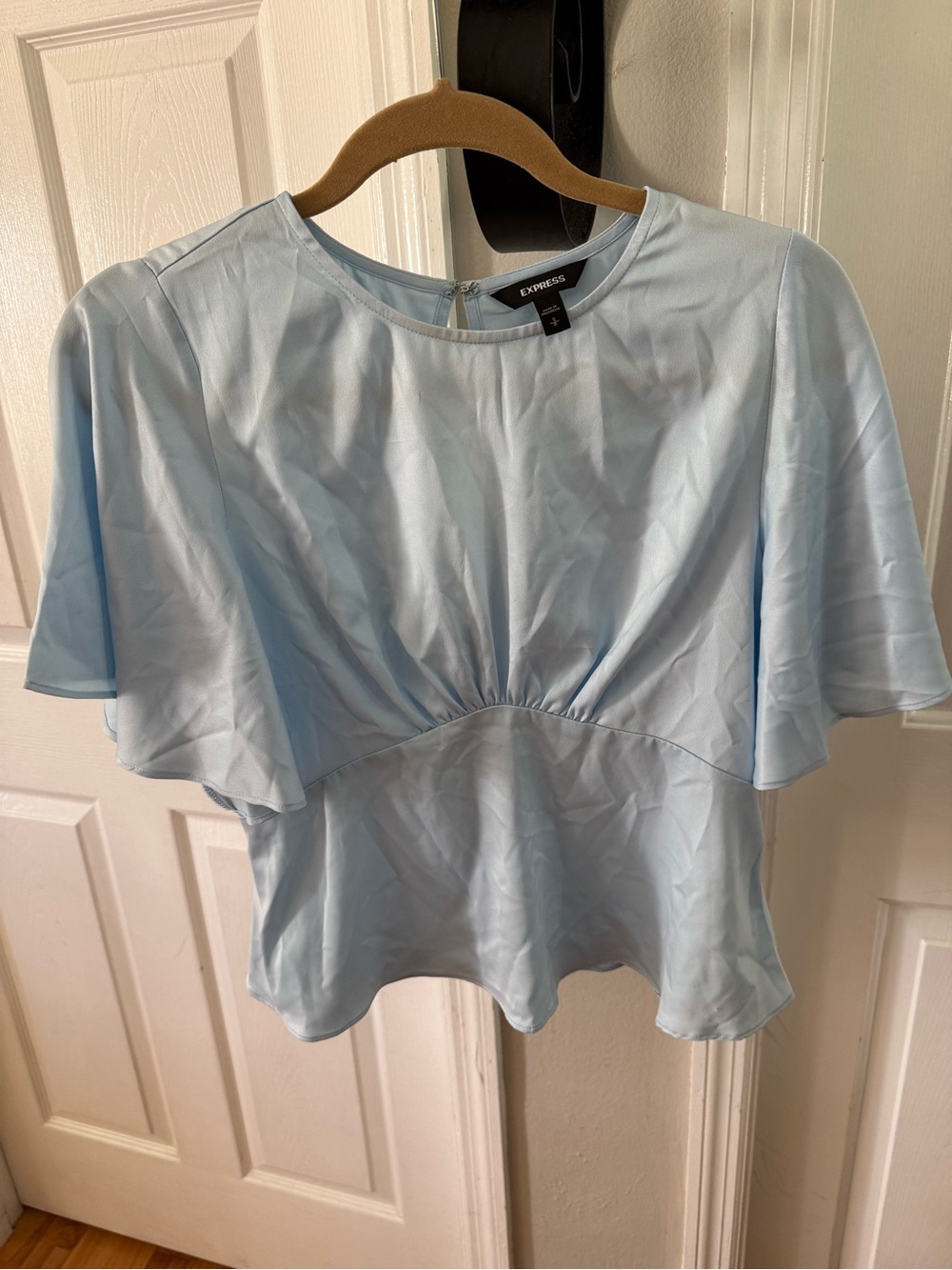 Express Light Blue Flutter Sleeve Peplum Blouse